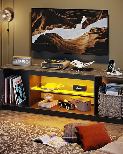 Bestier LED TV Stand with Power Outlets for 55/60/65 Inch TV, Gaming Entertainment Center with Cabinet for PS5, Modern TV Cabinet with Adjustable Glass Shelves for Living Room 58 Inch,Black Marble - LeafyLoom