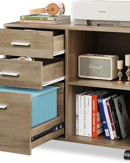 DEVAISE 3-Drawer Wood File Cabinet, Mobile Lateral Filing Cabinet, Printer Stand with Open Storage Shelves for Home Office, Gray Oak - LeafyLoom