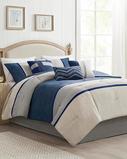 Madison Park Palisades Comforter Set Modern Faux Suede Pieced Stripe Design, All Season Down Alternative Cozy Bedding with Matching Shams, Decorative Pillows, Cal King(104"x92"), Blue 7 Piece - LeafyLoom