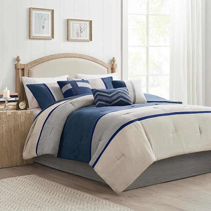 Madison Park Palisades Comforter Set Modern Faux Suede Pieced Stripe Design, All Season Down Alternative Cozy Bedding with Matching Shams, Decorative Pillows, Cal King(104"x92"), Blue 7 Piece - LeafyLoom
