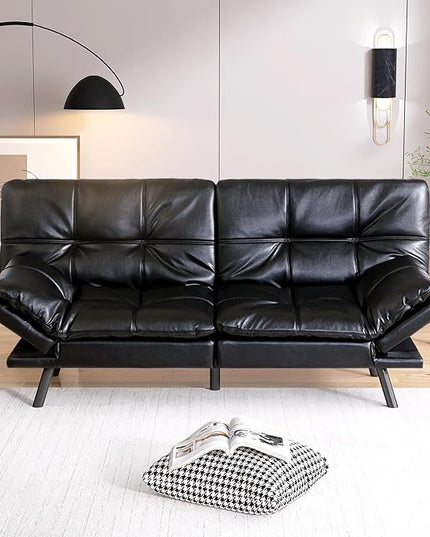 Futon Sofa Bed, Memory Foam Futon Sleeper Sofa Loveseat Convertible Couch Bed for Small Compact Living Spaces,Apartment,Black Leather - LeafyLoom