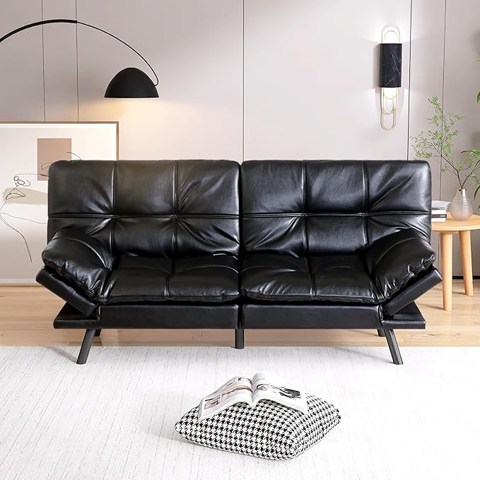 Futon Sofa Bed, Memory Foam Futon Sleeper Sofa Loveseat Convertible Couch Bed for Small Compact Living Spaces,Apartment,Black Leather - LeafyLoom