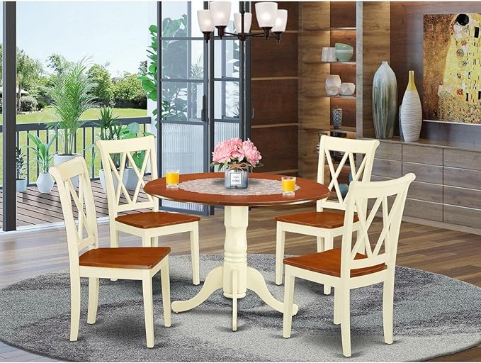 East West Furniture DLCL5-BMK-W Dublin 5 Piece Room Set Includes a Round Dining Table with Dropleaf and 4 Wood Seat Chairs, 42x42 Inch - LeafyLoom