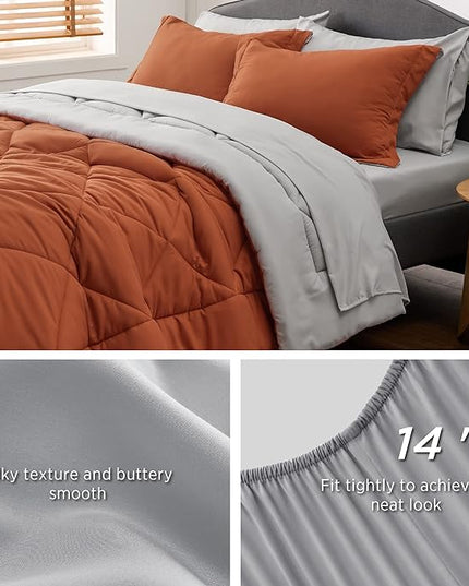 Bedsure Burnt Orange King Size Comforter Set - 7 Pieces Reversible King Bed in a Bag King Bed Set with Comforters, Sheets, Pillowcases & Shams, King Bedding Sets - LeafyLoom