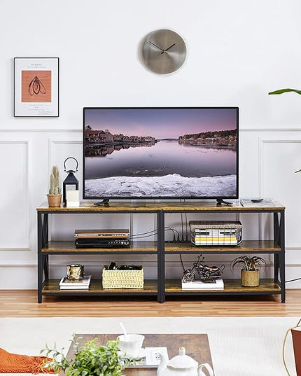 Yaheetech TV Stand with Power Outlet, Industrial TV Stand for 75 Inch TVs, Media TV Console Table with Open Storage Shelves for Living Room, Rustic Brown - LeafyLoom