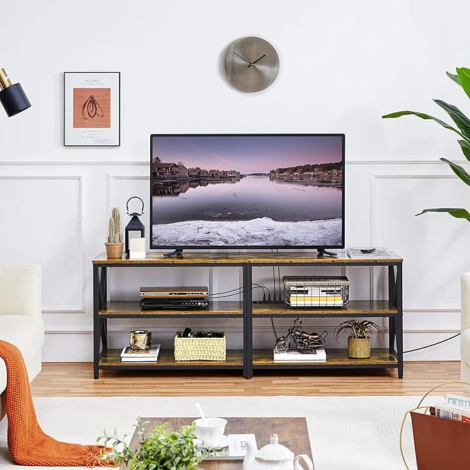 Yaheetech TV Stand with Power Outlet, Industrial TV Stand for 75 Inch TVs, Media TV Console Table with Open Storage Shelves for Living Room, Rustic Brown - LeafyLoom