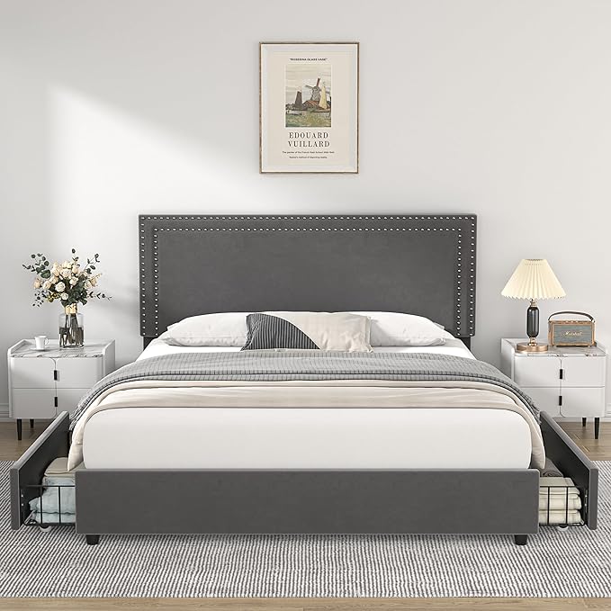 VECELO Queen Size Upholstered Platform Bed Frame with 4 Storage Drawers, Adjustable Velvet Rivets Headboard, Wooden Slats Support, No Box Spring Needed, Easy Assembly - LeafyLoom