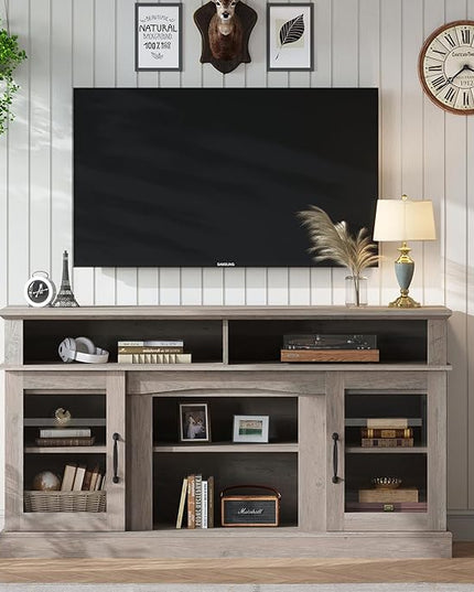 58 Inch TV Stand, Television Stands with 2 Tempered Glass Doors, Storage Cabinet and Shelves, Entertainment Center for Living Room, Barnwood - LeafyLoom