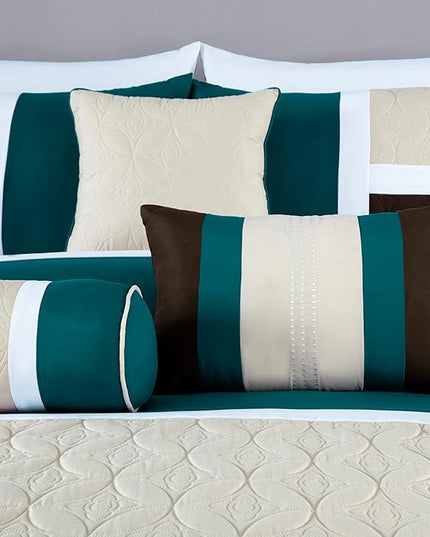 Chezmoi Collection Upland 7-Piece Quilted Patchwork Comforter Set, Teal/Beige/Brown, King - LeafyLoom