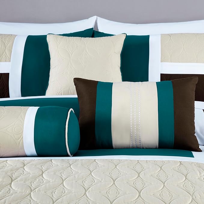 Chezmoi Collection Upland 7-Piece Quilted Patchwork Comforter Set, Teal/Beige/Brown, King - LeafyLoom