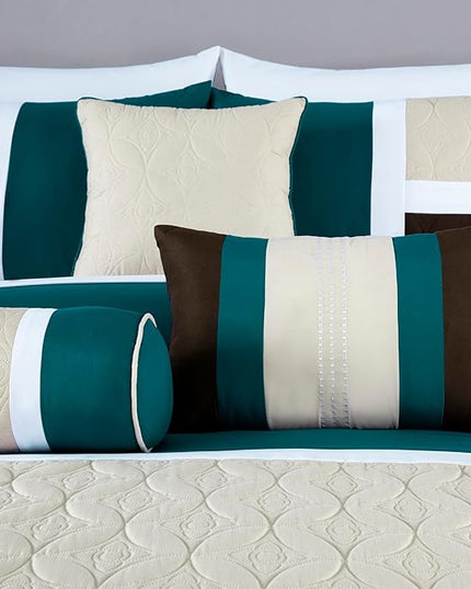 Chezmoi Collection Upland 7-Piece Quilted Patchwork Comforter Set, Teal/Beige/Brown, Queen - LeafyLoom