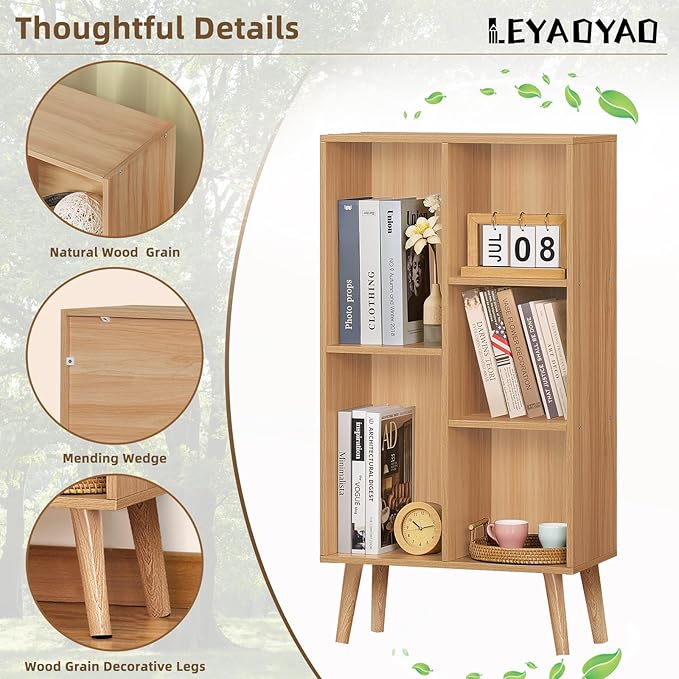 LEYAOYAO Wooden 5 Cube Bookshelf, Natural 3 Tier Book Shelf with Legs, Modern Open Storage Organizer,Boho Bookcase,Display Cabinet Shelf Free Standing Bookshelves for Bedroom,Living Room,Study - LeafyLoom