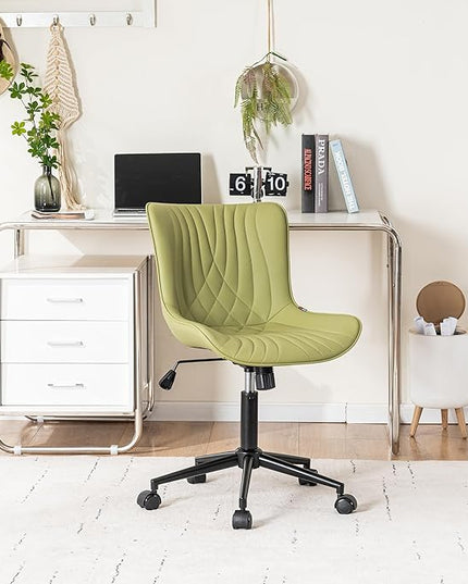 YOUNIKE Office Chair, Armless Desk Chair with Wheels, Home Office Computer Task Chairs, Modern Faux Leather Padded Vanity Chair, Adjustable Swivel Rolling Chairs with Back, Avocado Green - LeafyLoom