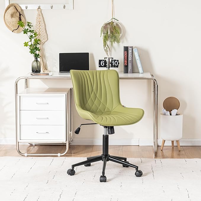 YOUNIKE Office Chair, Armless Desk Chair with Wheels, Home Office Computer Task Chairs, Modern Faux Leather Padded Vanity Chair, Adjustable Swivel Rolling Chairs with Back, Avocado Green - LeafyLoom
