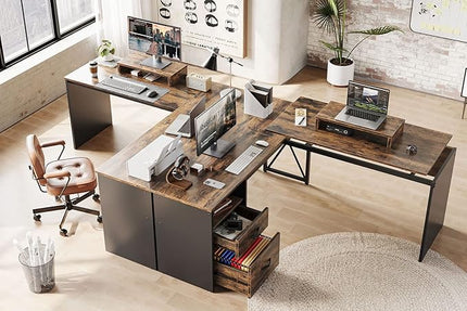 Bestier Lift Top L Shaped Desk with File Drawer, 55'' x 55'' Office Desk with Reversible Storage Drawers, L Shaped Standing Desk with Computer Monitor Stand - LeafyLoom