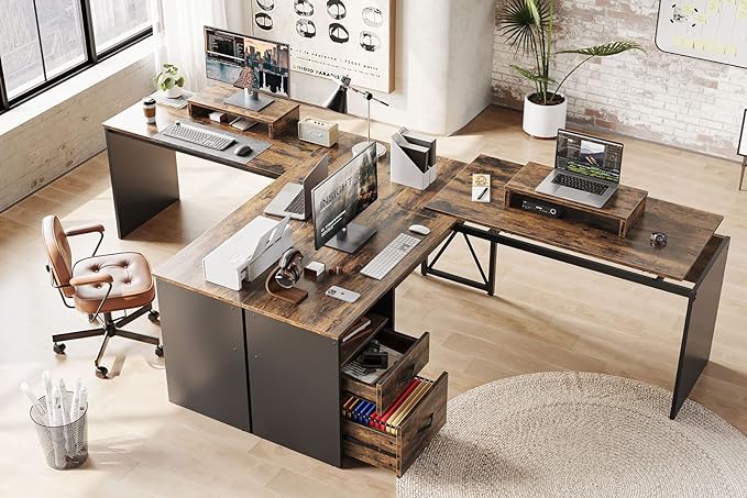Bestier Lift Top L Shaped Desk with File Drawer, 55'' x 55'' Office Desk with Reversible Storage Drawers, L Shaped Standing Desk with Computer Monitor Stand - LeafyLoom