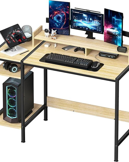 Small Computer Gaming Desk - 47” Home Office Desk with Storage, Monitor Stand for 2 Monitors, Adjustable Storage Space, Writing,Modern Design Corner Table, Beech. - LeafyLoom