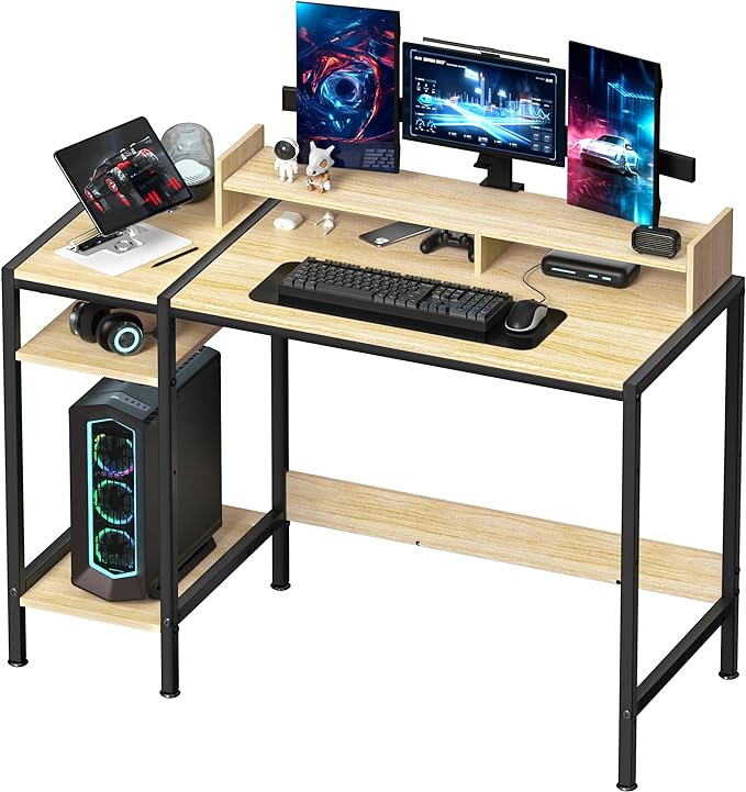 Small Computer Gaming Desk - 47” Home Office Desk with Storage, Monitor Stand for 2 Monitors, Adjustable Storage Space, Writing,Modern Design Corner Table, Beech. - LeafyLoom
