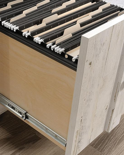 Sauder Dakota Pass L-Desk, L: 59.09" x W: 59.72" x H: 30.00", White Off-White - LeafyLoom