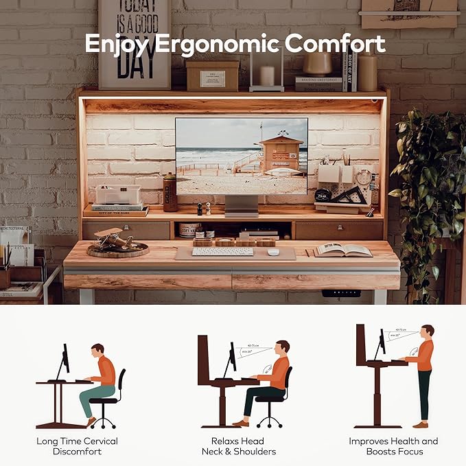 FEZIBO 55 x 27.5 Inches Electric Standing Desk with Open Shelf&LED Strip, Adjustable Height Sit Stand Up Desks with 4 Drawers, Ergonomic Workstation，Light Rustic - LeafyLoom
