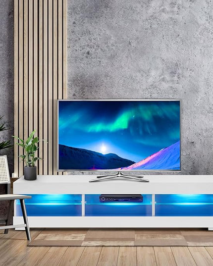 HOMMPA LED TV Stand with LED Lights for 65 inch TV Modern Entertainment Center with Storage 57" White TV Console with Glass Shelves for Living Room 15" Tall - LeafyLoom