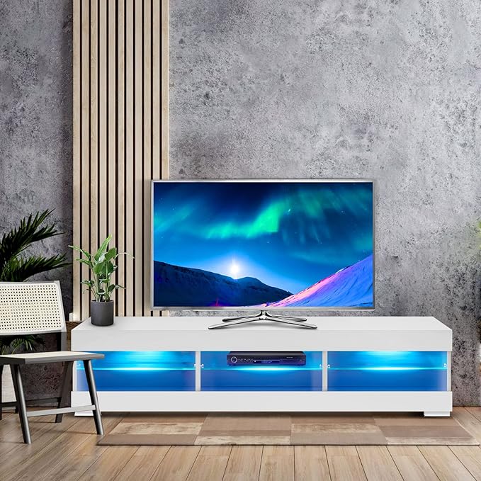 HOMMPA LED TV Stand with LED Lights for 65 inch TV Modern Entertainment Center with Storage 57" White TV Console with Glass Shelves for Living Room 15" Tall - LeafyLoom
