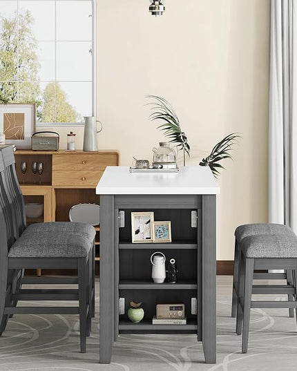 5-Piece Wooden Counter Height Dining Table Set with Faux Marble Veneer and Built-in Storage Shelves, 2 Upholstered Chairs and 2 Barstools, for Kitchen, Breakfast Nook, Bar, Living Room, Gray - LeafyLoom