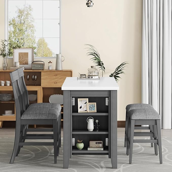 5-Piece Wooden Counter Height Dining Table Set with Faux Marble Veneer and Built-in Storage Shelves, 2 Upholstered Chairs and 2 Barstools, for Kitchen, Breakfast Nook, Bar, Living Room, Gray - LeafyLoom