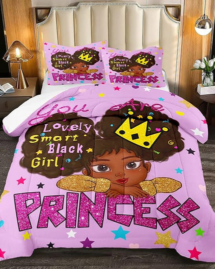 African Black Girl Full Size Comforter Sets for Girls, Black Girl Teen Girl Comforter Set Full Size, Purple Princess Full Size Bedding Set, Full (1 Comforter 2 Pillowcases) - LeafyLoom