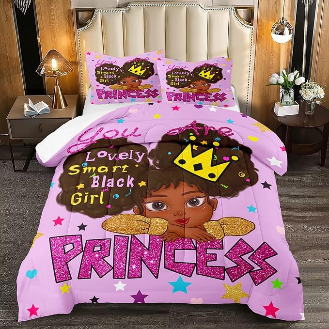 African Black Girl Full Size Comforter Sets for Girls, Black Girl Teen Girl Comforter Set Full Size, Purple Princess Full Size Bedding Set, Full (1 Comforter 2 Pillowcases) - LeafyLoom