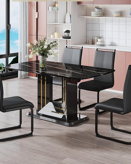 NicBex Dining Table Black Imitation Marble Pattern Desktop Black MDF Table Legs Gold Lines Black Base Suitable for Kitchen and Living Room, Black - LeafyLoom