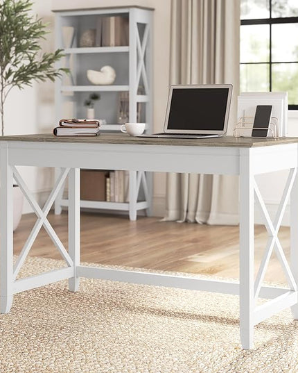 Bush Furniture Key West Writing Table for Home Office | Small Modern Farmhouse Desk, 48W, Pure White and Shiplap Gray - LeafyLoom