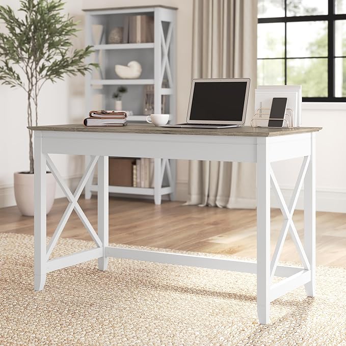 Bush Furniture Key West Writing Table for Home Office | Small Modern Farmhouse Desk, 48W, Pure White and Shiplap Gray - LeafyLoom