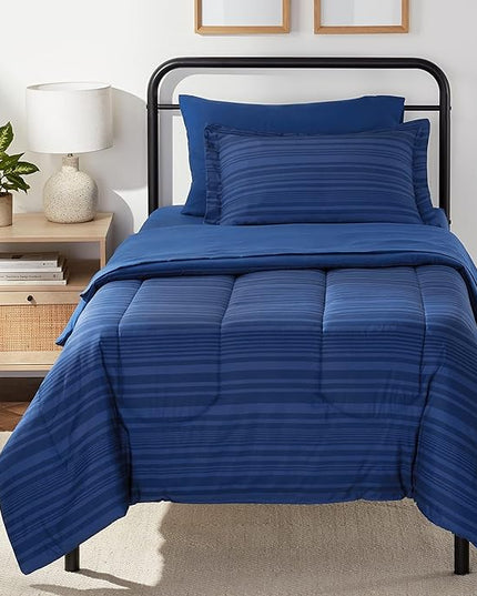 Amazon Basics Lightweight Microfiber Bed-in-a-Bag Comforter 5-Piece Bedding Set, Twin/Twin XL, Blue Calvin Striped - LeafyLoom