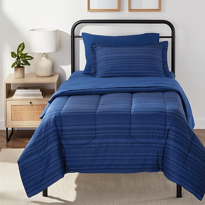 Amazon Basics Lightweight Microfiber Bed-in-a-Bag Comforter 5-Piece Bedding Set, Twin/Twin XL, Blue Calvin Striped - LeafyLoom