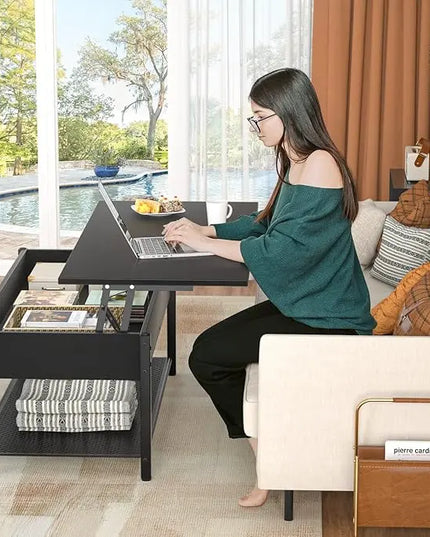 Homieasy Coffee Table, Lift Top Coffee Table with Storage Shelf and Hidden Compartment, Modern Lift Top Table for Living Room, Wood Lift Tabletop, Metal Frame - Black - LeafyLoom