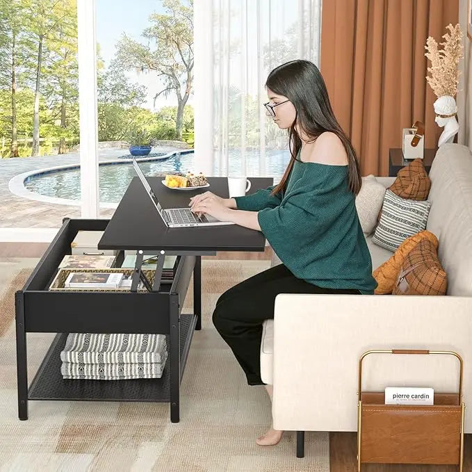 Homieasy Coffee Table, Lift Top Coffee Table with Storage Shelf and Hidden Compartment, Modern Lift Top Table for Living Room, Wood Lift Tabletop, Metal Frame - Black - LeafyLoom