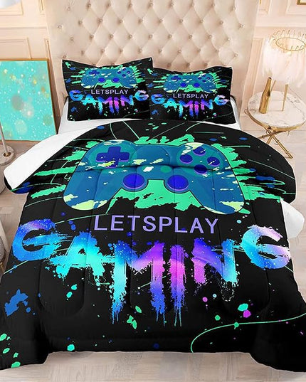 Game Comforter Set Video Gaming Bedding Sets Gamer Room Decor Queen Size Colorful Black Gamepad Soft Game Bedding Set for Boys Teen 1 Comforter and 2 Pillowcases - LeafyLoom
