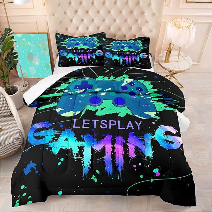 Game Comforter Set Video Gaming Bedding Sets Gamer Room Decor Queen Size Colorful Black Gamepad Soft Game Bedding Set for Boys Teen 1 Comforter and 2 Pillowcases - LeafyLoom