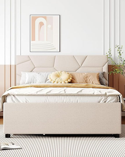 Full Size Linen Upholstered Platform Bed with Twin Size Trundle and 2 Drawers,Bedroom Bed Frame w/Brick Pattern Headboard,Wooden Slats Supproted,for Teens Kids Adults,Beige - LeafyLoom