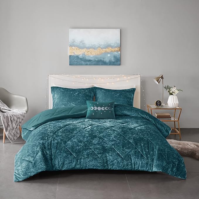 Intelligent Design Queen Comforter Set, Velvet Comforter Set , Luxury Diamond Quilting Comforter Set, Fluffy Comforter Bed Set with Decorative Pillowand 2 Shams, 4 Piece Teal, Full/Queen - LeafyLoom