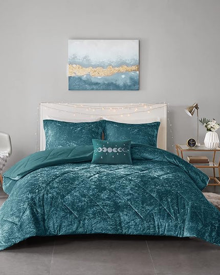 Intelligent Design Twin Comforter Set, Velvet Comforter Set , Luxury Diamond Quilting Comforter Set, Fluffy Comforter Bed Set with Decorative Pillowand 1 Sham, 3 Piece Teal, Twin/Twin XL - LeafyLoom
