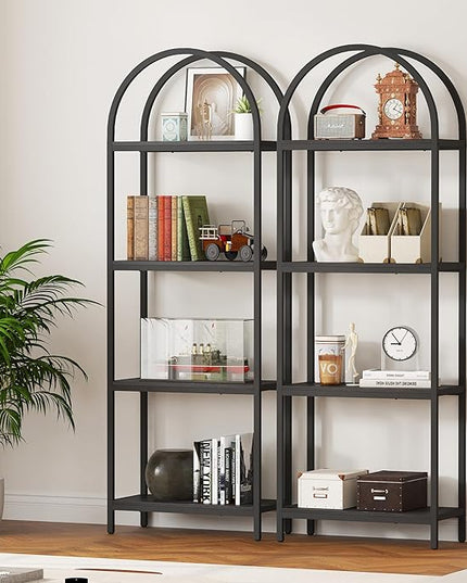 Yusong Bookshelf 4 Tier Arched Bookcase, 71.3" Tall Industrial Open Book Shelves for Living Room, Modern Freestanding Display Shelving Unit Storage Rack with Metal Frame, Office, Bedroom, Black - LeafyLoom