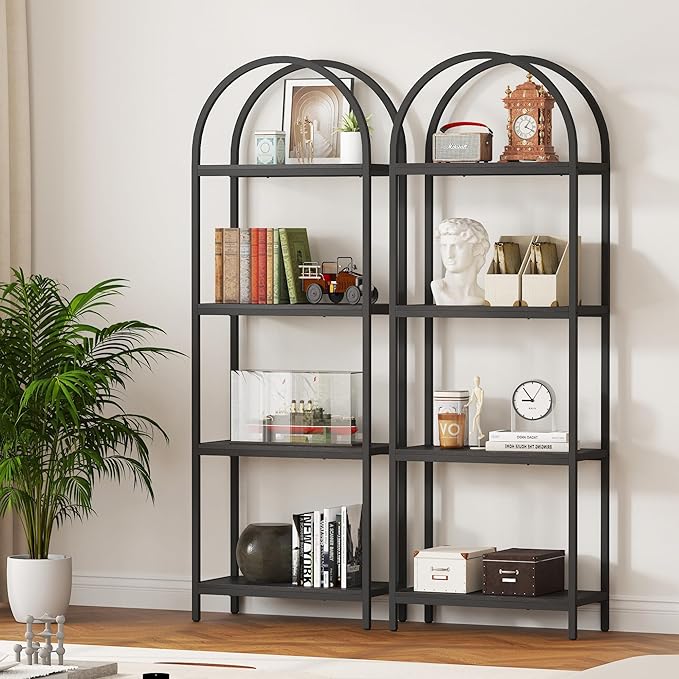 Yusong Bookshelf 4 Tier Arched Bookcase, 71.3" Tall Industrial Open Book Shelves for Living Room, Modern Freestanding Display Shelving Unit Storage Rack with Metal Frame, Office, Bedroom, Black - LeafyLoom