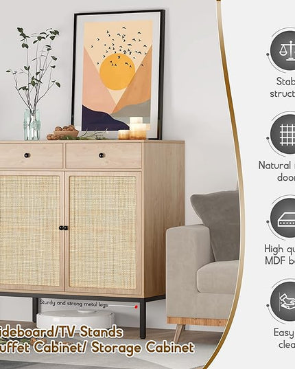 XIAO WEI Sideboard Cabinet with Handmade Natural Rattan Doors and Drawers, Rattan Cabinet Console Table Storage Cabinet Buffet Cabinet, for Kitchen, Living Room, Hallway, Entryway, Natural - LeafyLoom
