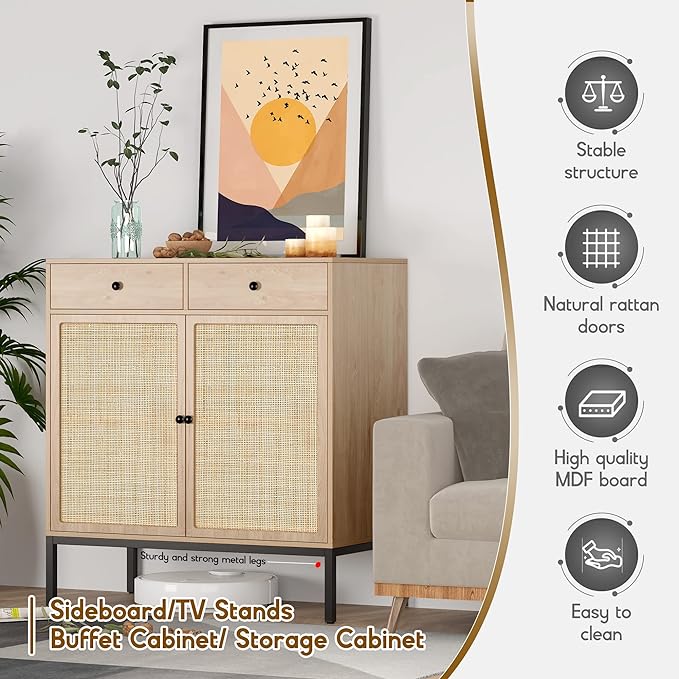 XIAO WEI Sideboard Cabinet with Handmade Natural Rattan Doors and Drawers, Rattan Cabinet Console Table Storage Cabinet Buffet Cabinet, for Kitchen, Living Room, Hallway, Entryway, Natural - LeafyLoom
