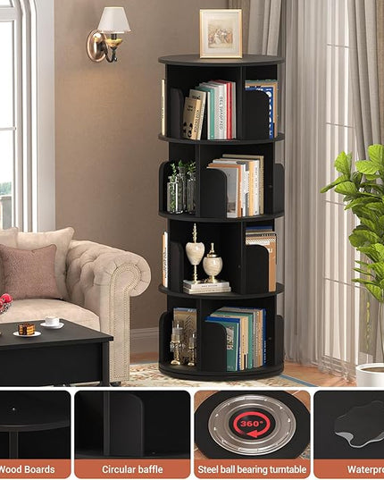 Rotating Bookshelf, Wood Corner Bookshelf, 360 Display Spinning Bookcase Storage Rack, 4 Tier Floor Standing Revolving Bookcase Narrow Book Shelf Organizer for Small Space, Bedroom, Black - LeafyLoom