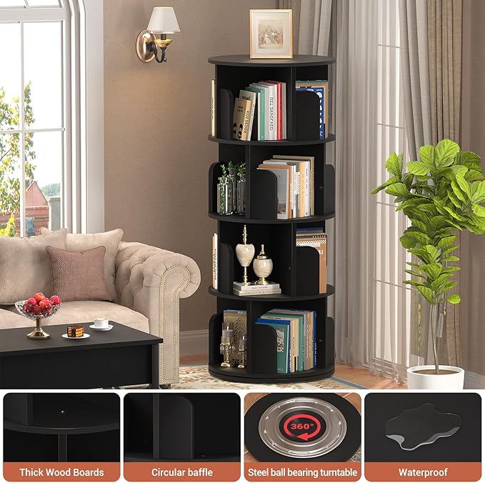 Rotating Bookshelf, Wood Corner Bookshelf, 360 Display Spinning Bookcase Storage Rack, 4 Tier Floor Standing Revolving Bookcase Narrow Book Shelf Organizer for Small Space, Bedroom, Black - LeafyLoom