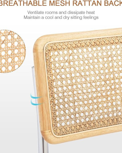Zesthouse Rattan Dining Chairs Set of 4, Upholstered Boucle Kitchen Chairs, Mid Century Modern Breuer Designed Chairs, Armless Accent Chairs with Natural Cane Back & Stainless Chrome Base - LeafyLoom