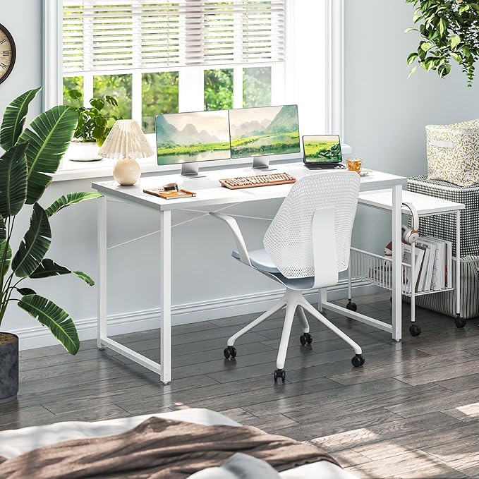 Coleshome 48 Inch Computer Desk, Modern Simple Style Desk for Home Office, Study Student Writing Desk, White - LeafyLoom